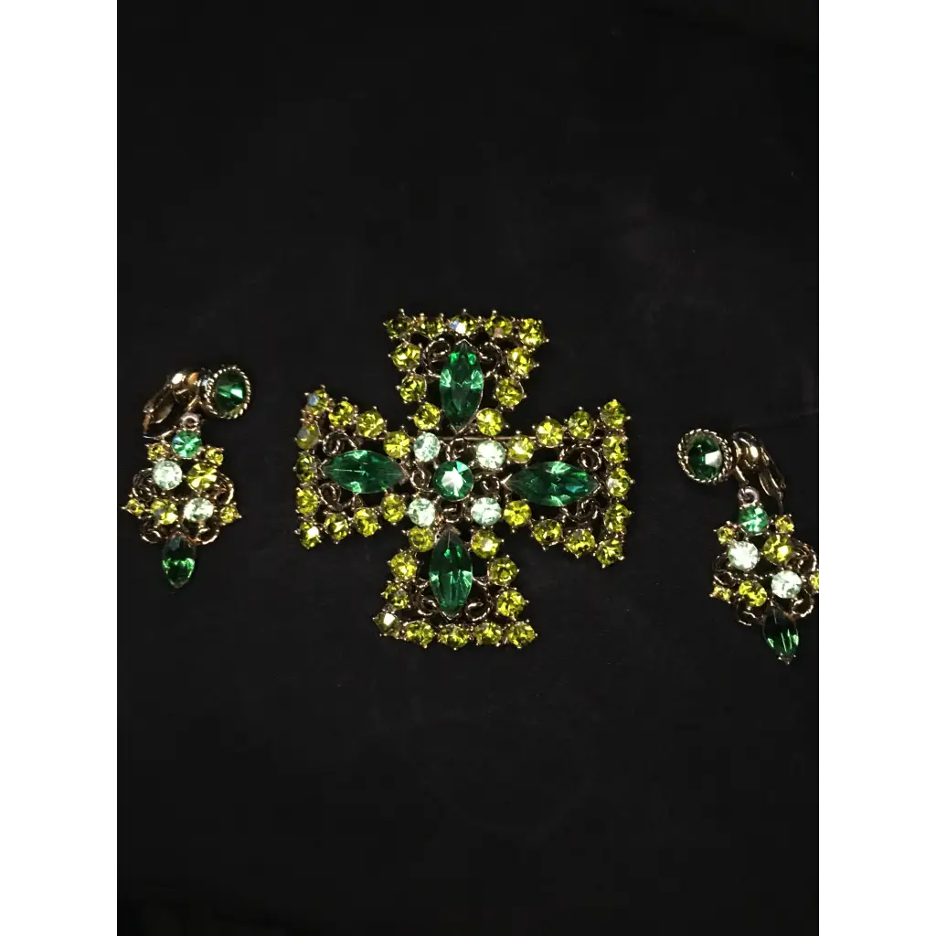 Emerald Green & Yellow Brooch/Pin and Earring Set - Pleasant Ridge Shop